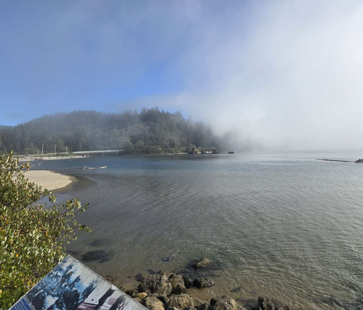 Fog drifting across the water beneath a patch of blue sky.