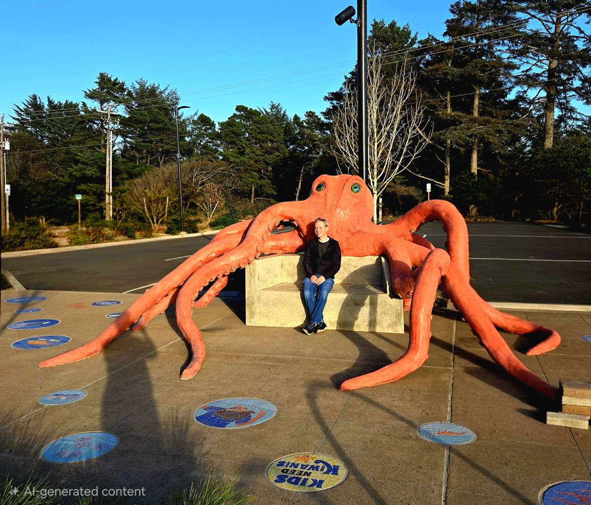 Peter and Justin standing beside a large orange octopus sculpture.
