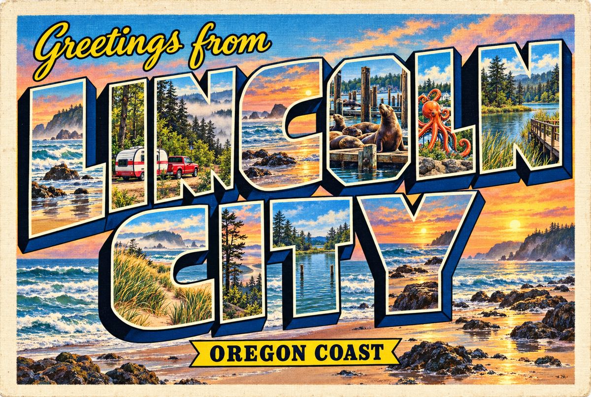 Original vintage-style illustrated postcard reading Greetings from Lincoln City and Oregon Coast, with dimensional lettering containing coastal scenes, a camper, and sea lions.